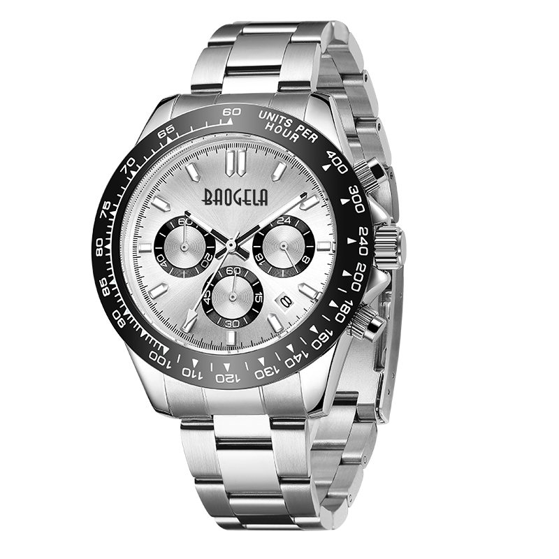 Baogela Men Watch Top Brand Luxury Sports Quartz Watches Страник из нержавеющей стали водонепроницаемые хронографские часы 2210 черные белые