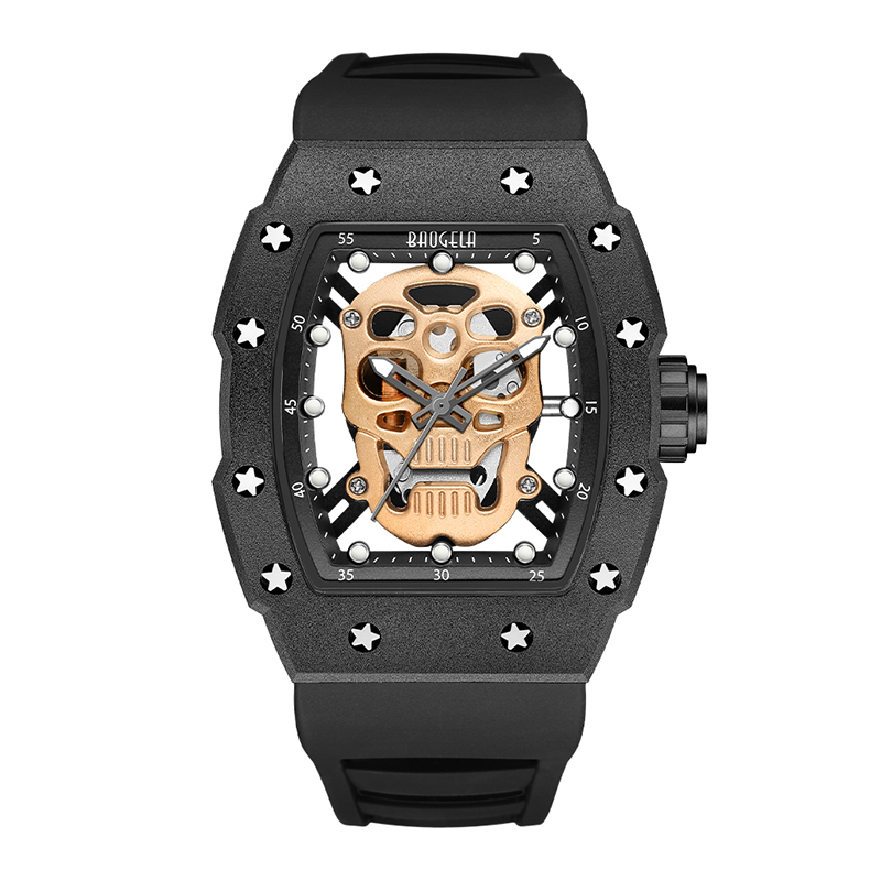 Baogela Skull Tonneau Watch Top Brand Brand Quartz нержавеющая сталь смотрит на водонепроницаемые творческие часы силиконовые ремешки, часы запястья роза 4141