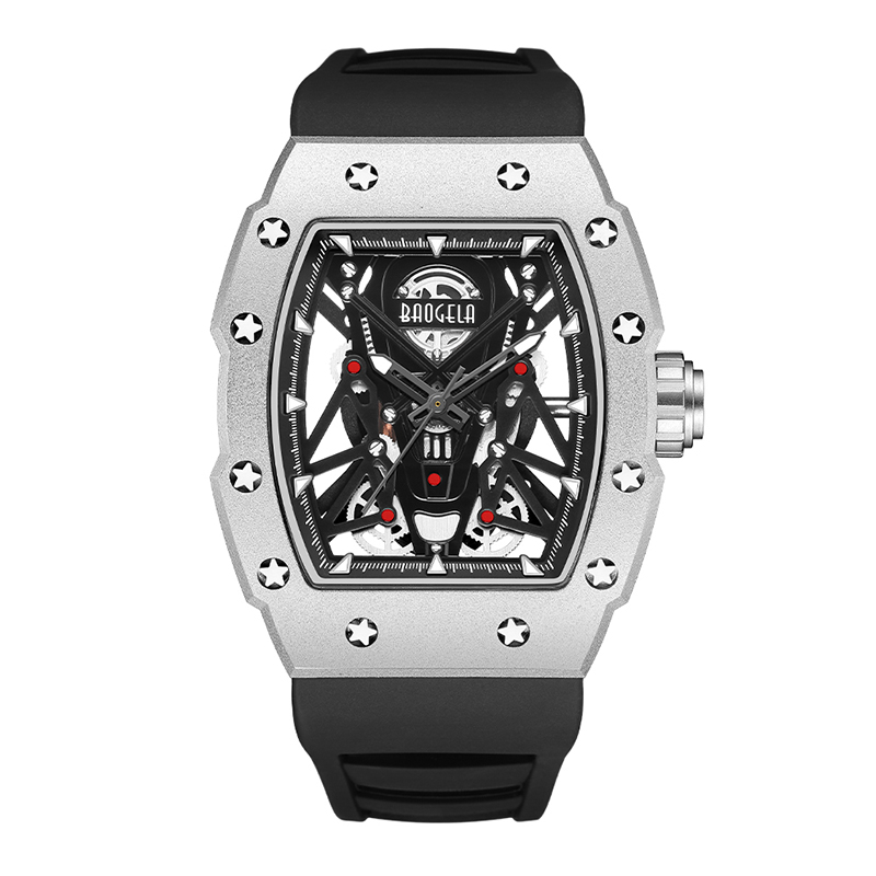Baogela Silver Black Sport Quartz Watch for Men Tonneau Dial Аналоговый водонепроницаемые наручные часы с силиконовыми ремешками светящимися руками 4145