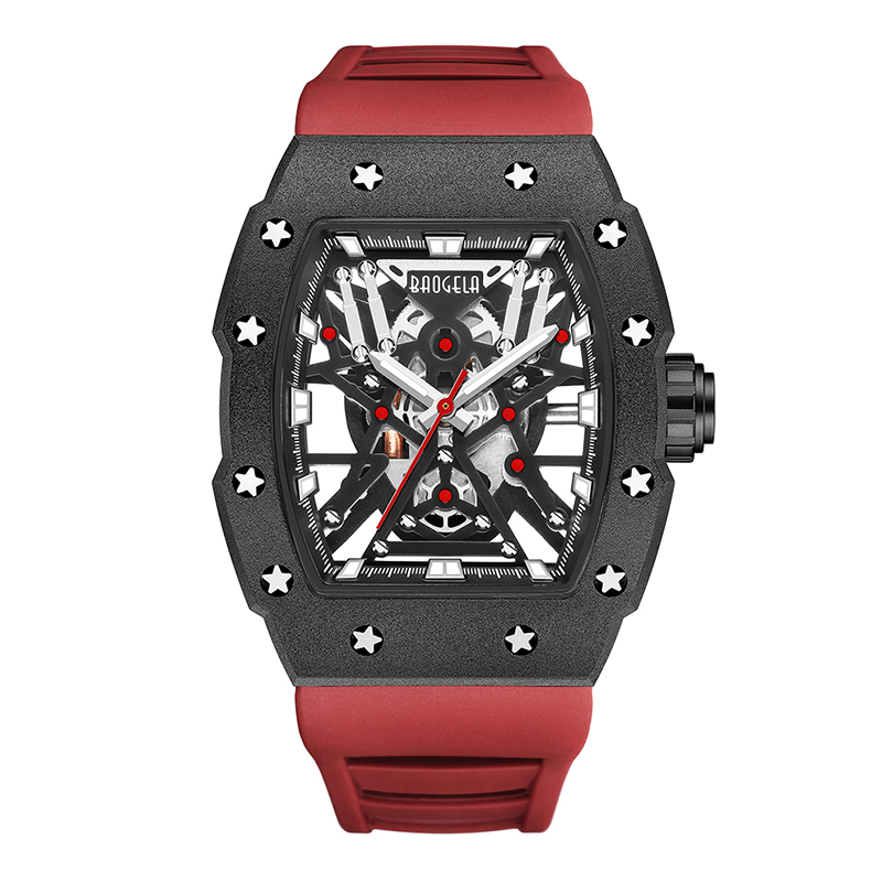 Baogela Top Brand Dominant Tonneau Механическое промышленное стиль скелет светящиеся водонепроницаемые спортивные часы Стальные силиконовые часы 4147